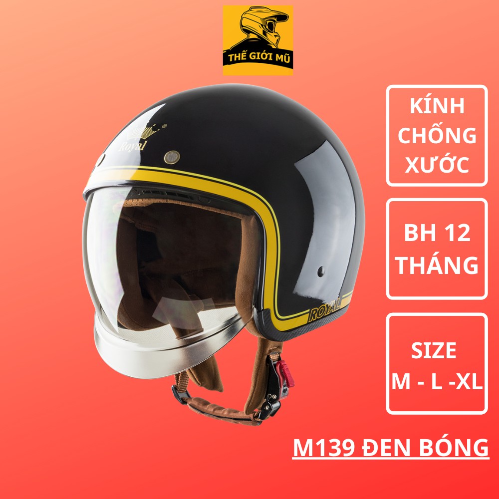 Mũ bảo hiểm 3/4 đầu kính âm Royal M139 màu đen bóng chỉ vàng, bảo hành 12 tháng, đủ SIZE