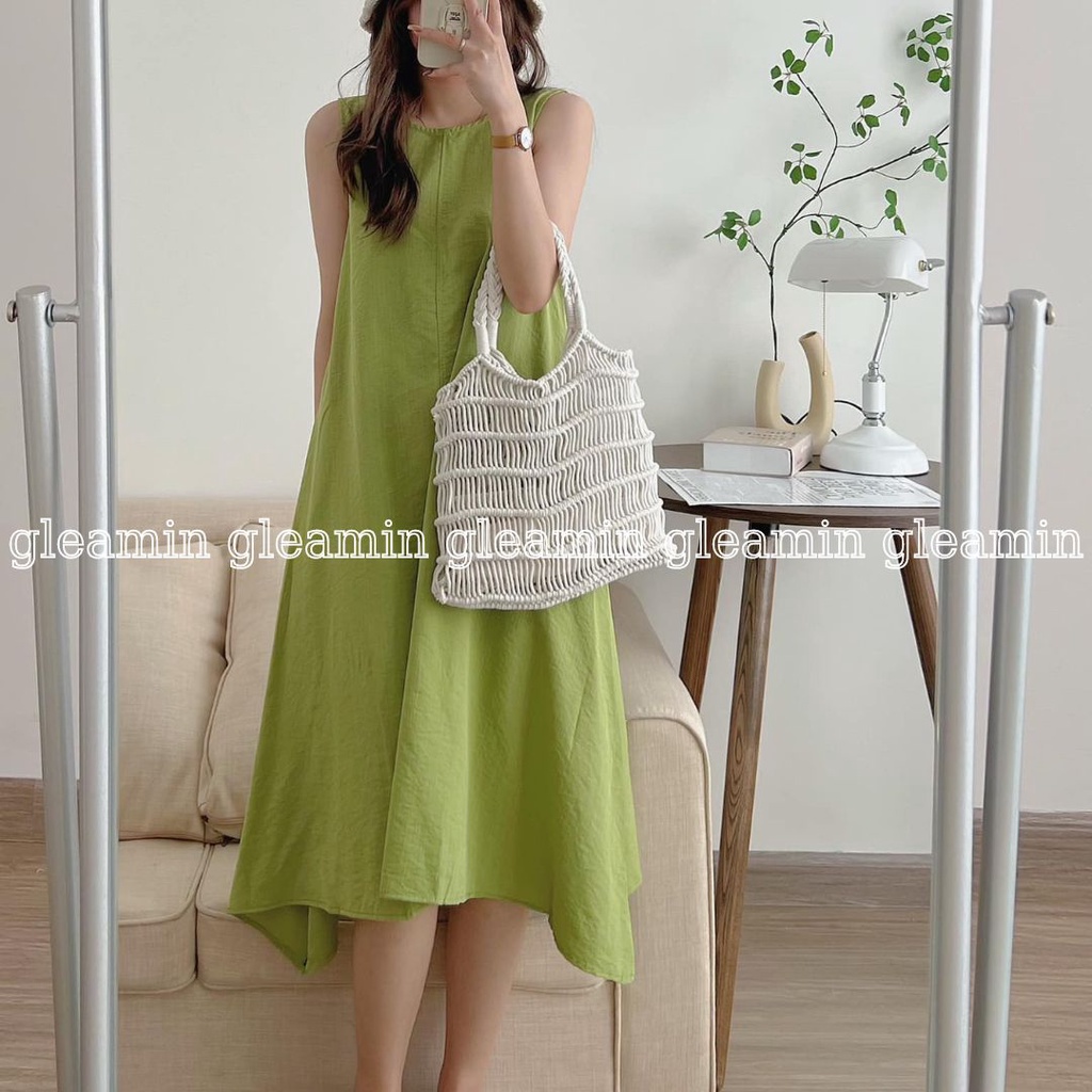 Đầm Sát Nách Đũi Trơn Dáng Dài, Váy suông Ba Lỗ Cổ Tròn