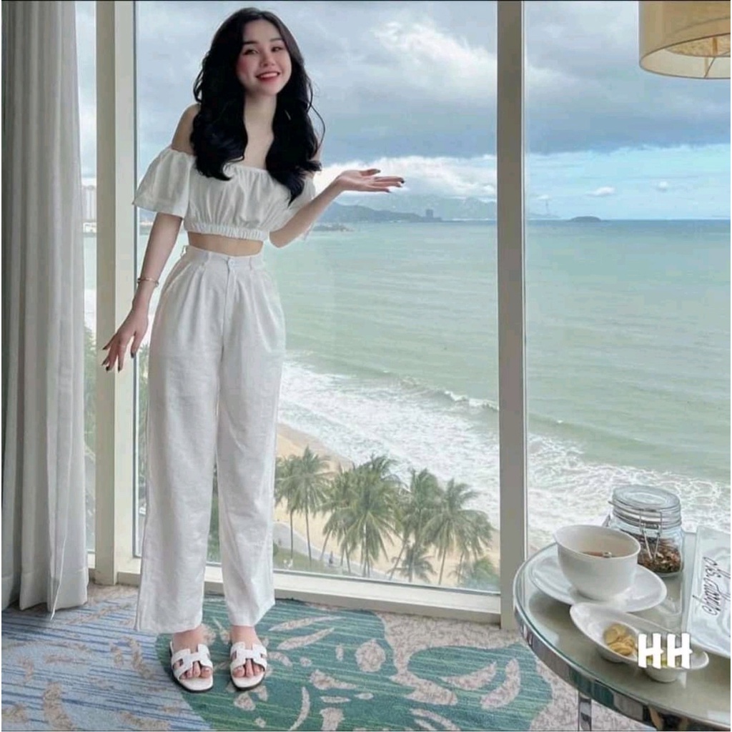 Set áo bẹt vai mix quần ống suông _ Hàng loại đẹp