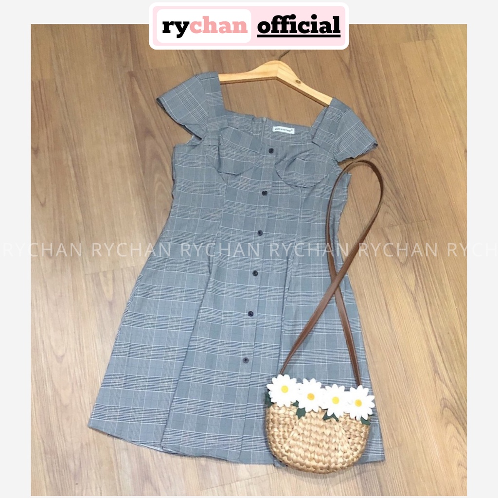 [ẢNH THẬT CUỐI] DX815 - Đầm Xòe Kẻ Xám Phối Cổ Vuông
