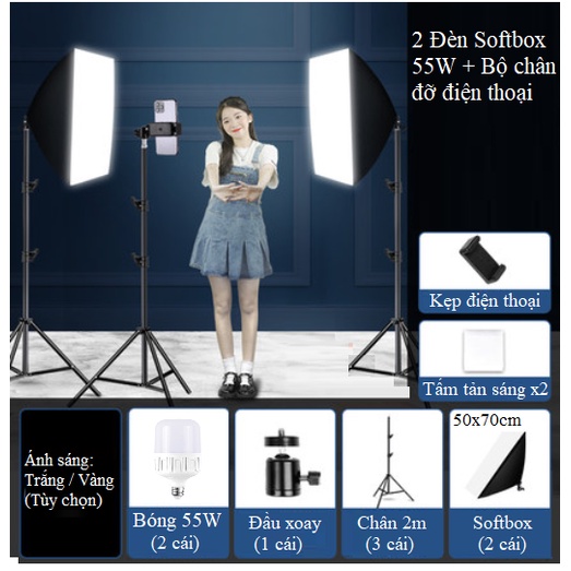 Combo Bộ 2 Đèn Softbox (55W*2) + Chân điện thoại, Đèn Led Quay Phim Cho Điện Thoại, Thiết Bị Chụp Sản Phẩm Softbox