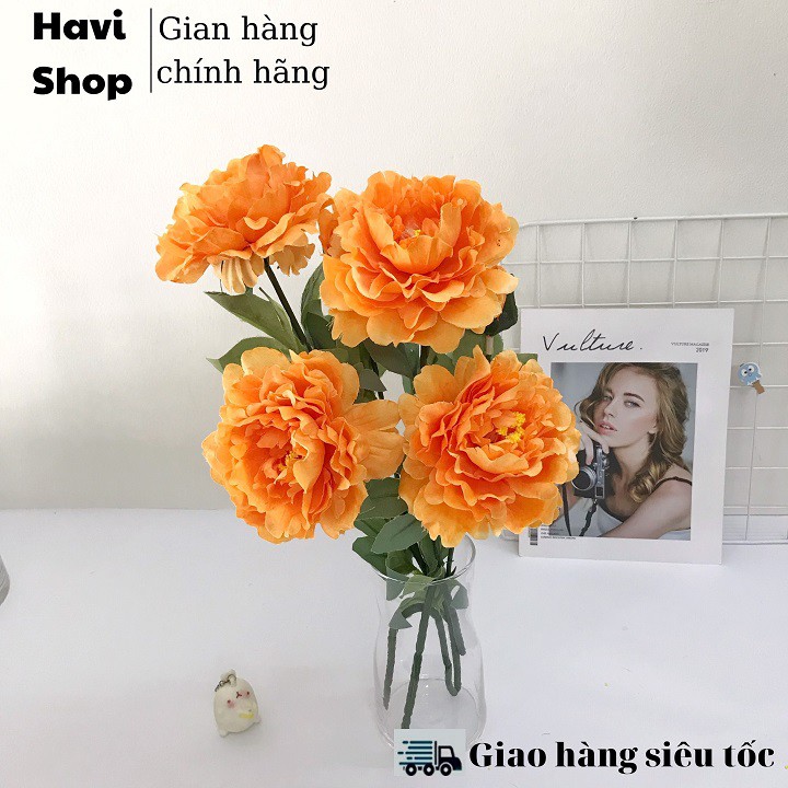 Hoa giả - Hoa Mẫu Đơn Havi 70cm cành 2 bông to 1 nụ nhỏ trang trí đẹp, giống thật