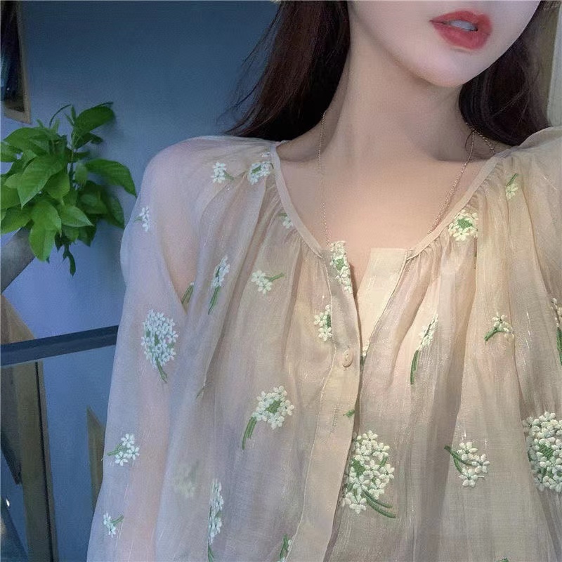 Áo Sơ Mi Voan Dài Tay Thêu Hoa Phong Cách Hàn Quốc Cho Nữ baju baju wanita Lenan panjang