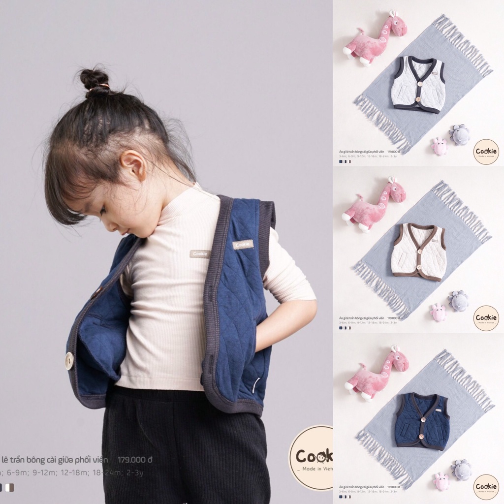 [Chính Hãng] Áo gile túi lệch cài khuy giữa phối viền trẻ em Cookie