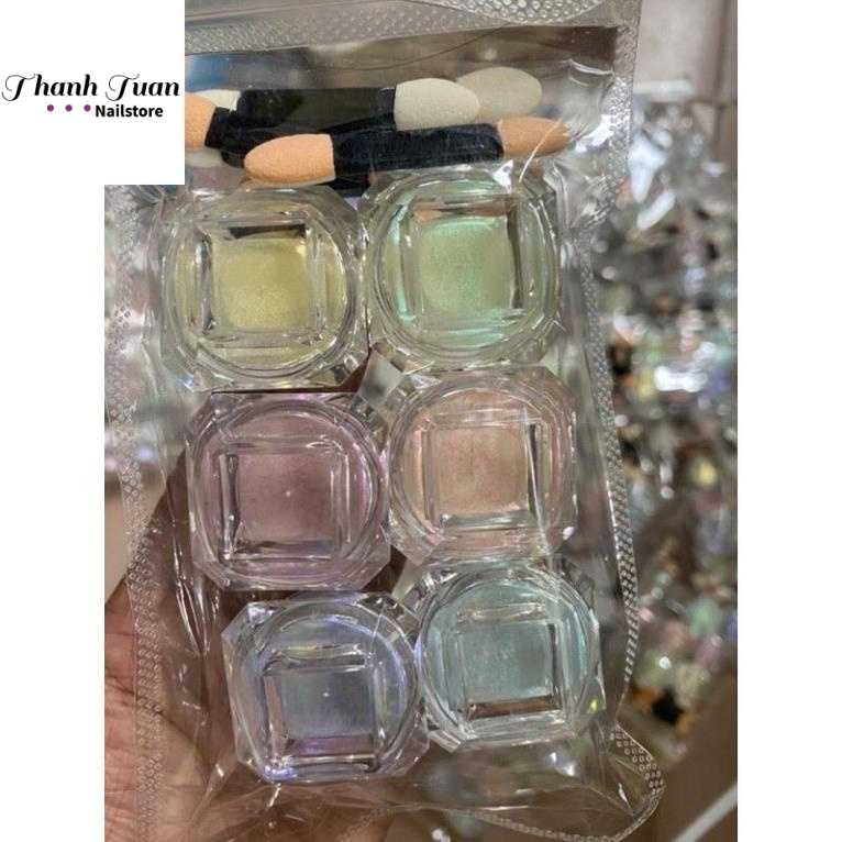 Bột tráng gương neon làm móng set 6 màu tặng kèm cọ đầu xốp làm móng  - Phụ kiện đồ nail