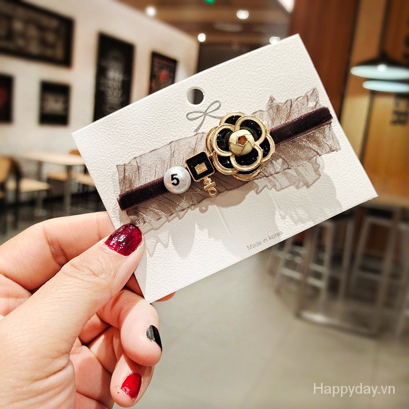 Kẹp tóc mái hoa trà pha ren Dongdaemun khí chất Hàn Quốc