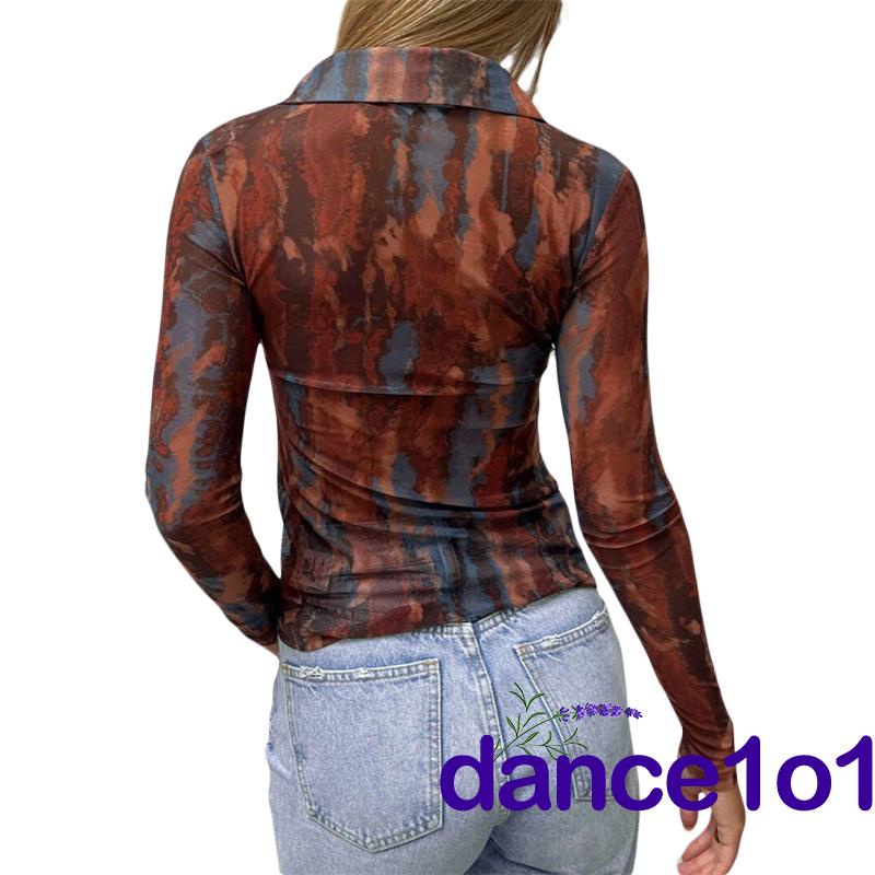 Áo sơ mi dài tay cổ chữ V in họa tiết nhuộm màu phong cách retro dành cho nữ