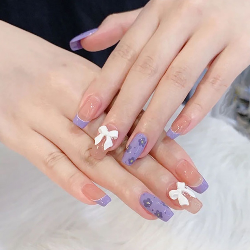 Bộ 24 Móng Tay Giả Đính Nơ Có Thể Tháo Rời Thời Trang Mới