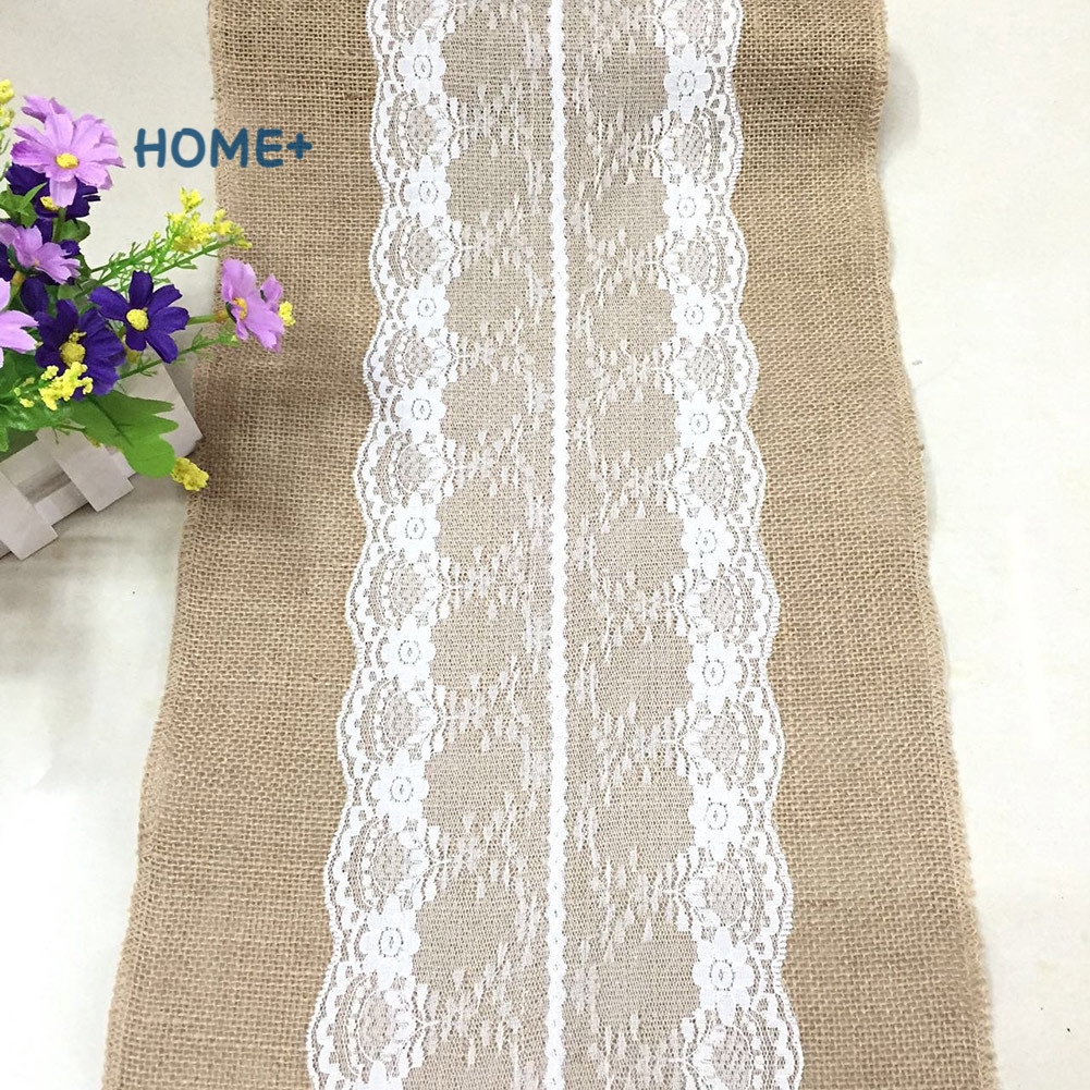 Vintage Burlap Jute Linen Table Runner Lace Cloth Dinning Room Table Gadget Home Decor Accessory @vn