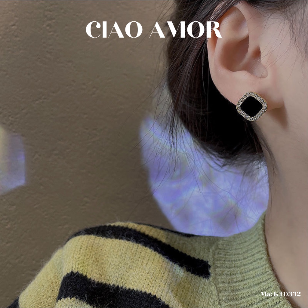 Khuyên tai nữ, Bông tai nữ nụ bạc 925 vuông bo vòng đen đính đá viền Trang sức Ciao Amor - KT0342