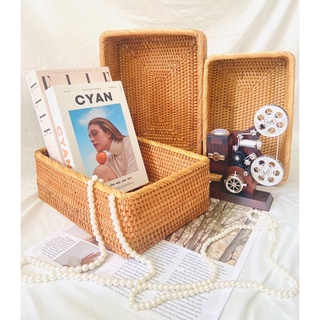 Khay mây tre đan vintage, khay mây chữ nhật đựng đồ đa năng decor