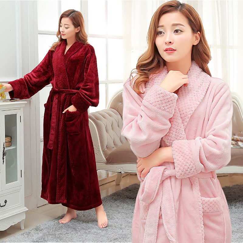 Áo Choàng Tắm Dáng Dài Vải Flannel Dày Thời Trang Mùa Đông Cho Nam Và Nữ