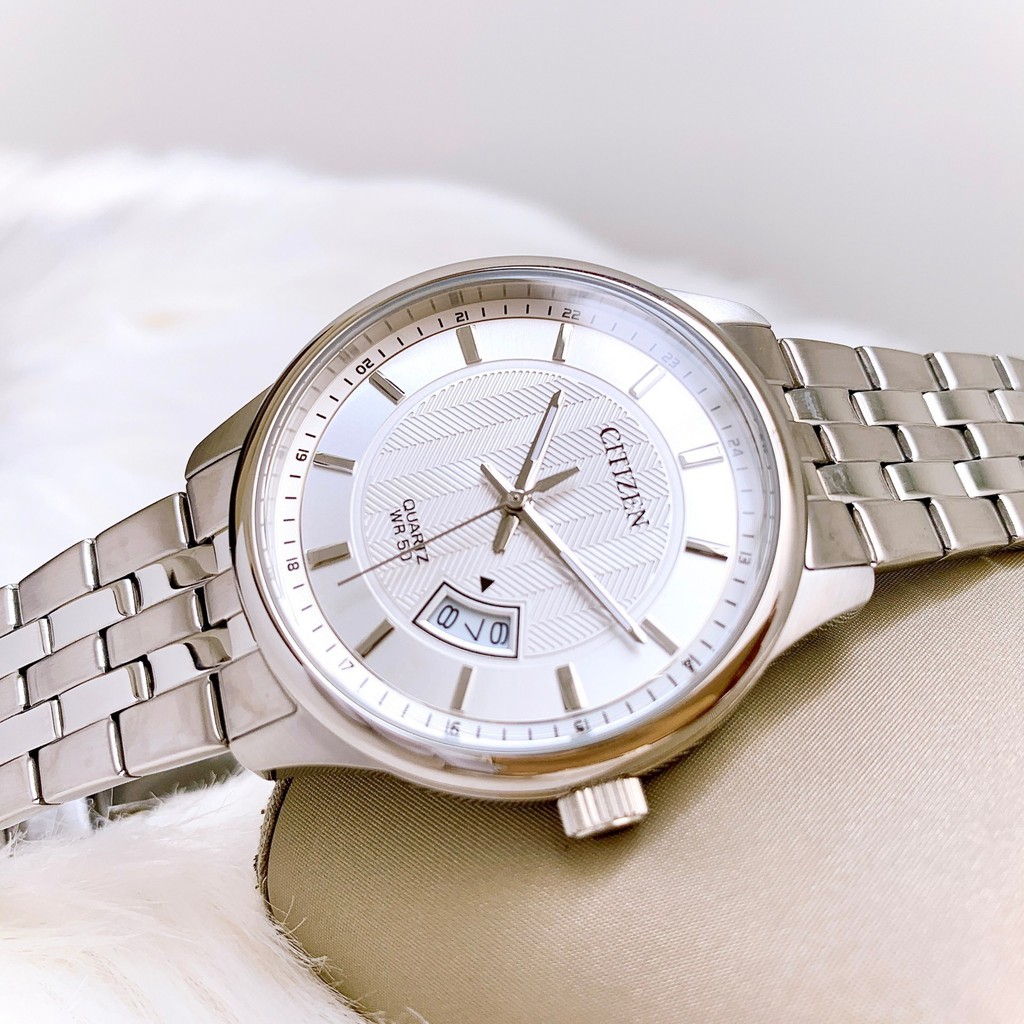 [INBOX TRẢ GIÁ] Đồng hồ Nam Citizen Quartz BI1050-81A Mặt trắng,Lịch ngày-Máy Pin-Dây kim loại cao cấp-Size 40mm