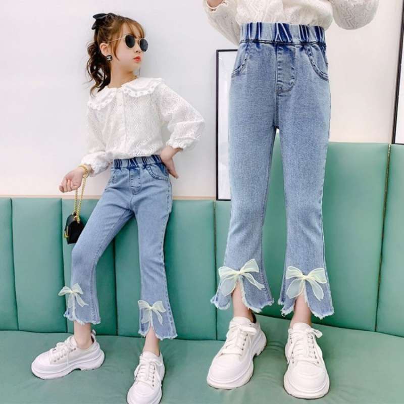 Quần Jeans thời trang ống loe gắn nơ xinh xắn cho bé gái JN02 size đại 10-35kg