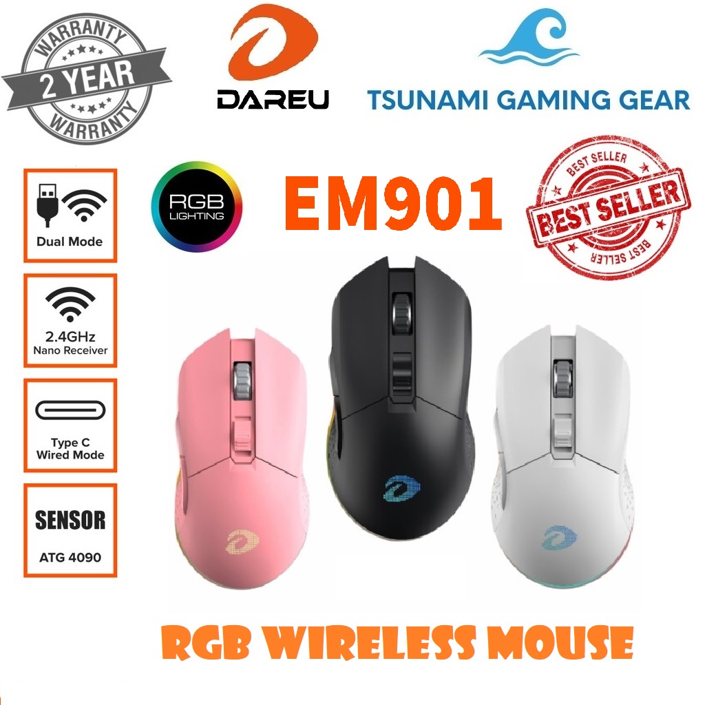 Chuột không dây gaming DareU EM901 RGB WIRELESS Pink/ Black/ White (Nâng cấp EM905 Pro) - BH 2 năm