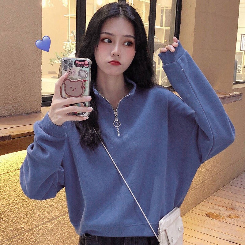 Áo Hoodie Tay Dài Dáng Rộng Có Khóa Kéo Màu Sắc Trơn Thời Trang Xuân Thu Phong Cách Hàn Quốc Cho Nữ