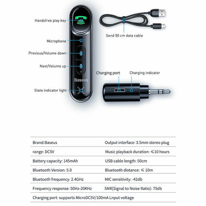 Bộ thu phát Bluetooth Receiver Baseus WXQY-01 Bluetooth version: v5.0, Cổng sạc micro USB, tai nghe giao diện AUX 3,5