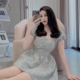 Váy gấm nhăn nơ ngực