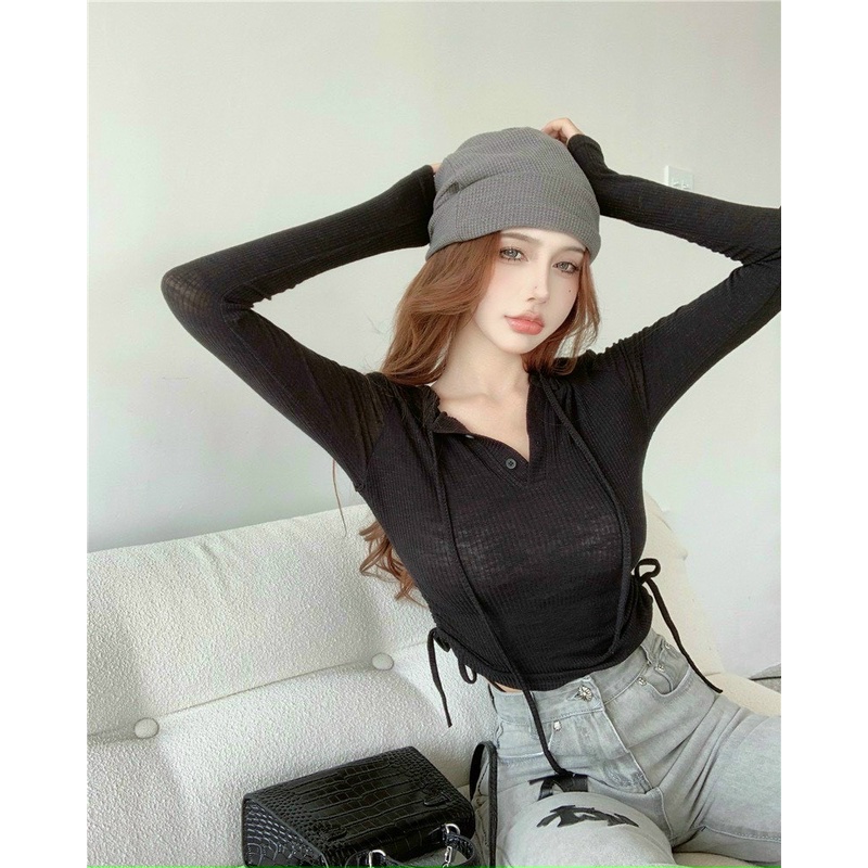 Áo kiểu tay dài có nón dây rút 2 bên cá tính LY45