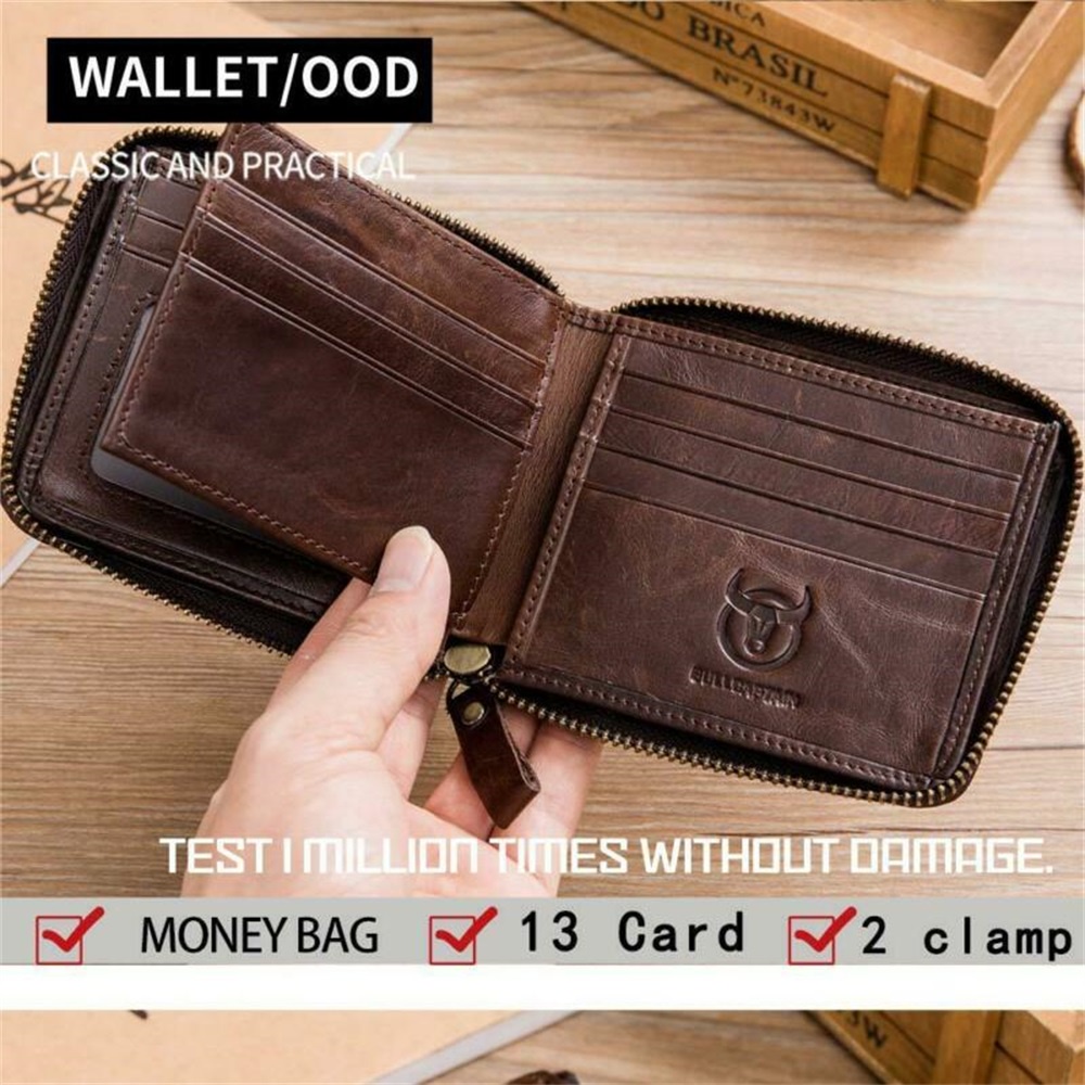 Ví RFID BULLCAPTAIN bằng da bò thật có ngăn đựng thẻ phối khóa kéo thời trang cho nam