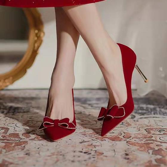 Giày Cao Gót Đính Nơ Đỏ Thời Trang Pháp Cho Cô Dâu 2022 Mới