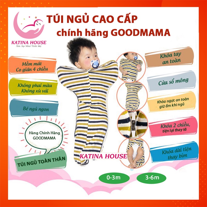 Túi ngủ cho bé sơ sinh chính hãng Goodmama (0-3 tháng), vải mềm mại kháng khuẩn,giúp giữ ấm cơ thể bé và chống giật mình