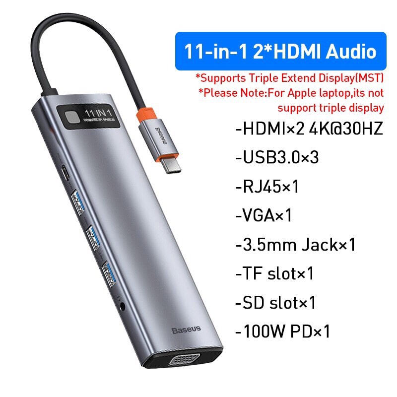 Bộ Chuyển Đổi Hub Type C Baseus Hub Gleam Series 11 in 1 HDMI X 2 4K USB3.0 X 3 RJ45 X 1 VGA X 1 3.5MM Audio TF Slot X 1