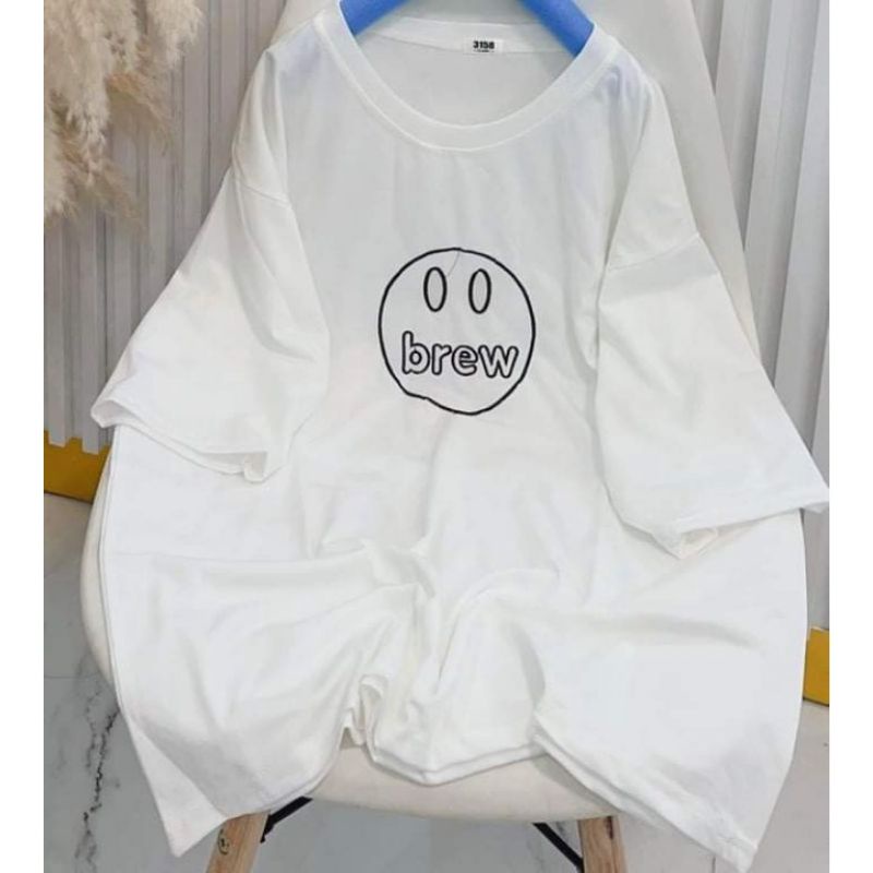 Áo Thun Cotton Unisex Cổ Tròn Mặt Cười Form Rộng Tay Lỡ