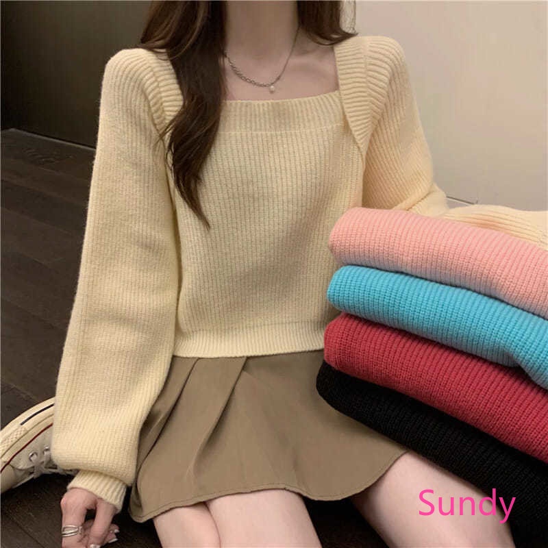 Áo Dệt Kim Tay Dài Cổ Vuông Đơn Giản Thời Trang Mùa Thu Phong Cách Hàn Quốc Cho Nữ
