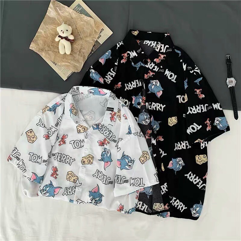 Áo sơ mi họa tiết tay lỡ TOM and JERRY màu TRẮNG/ ĐEN - Nam Nữ Unisex | BigBuy360 - bigbuy360.vn