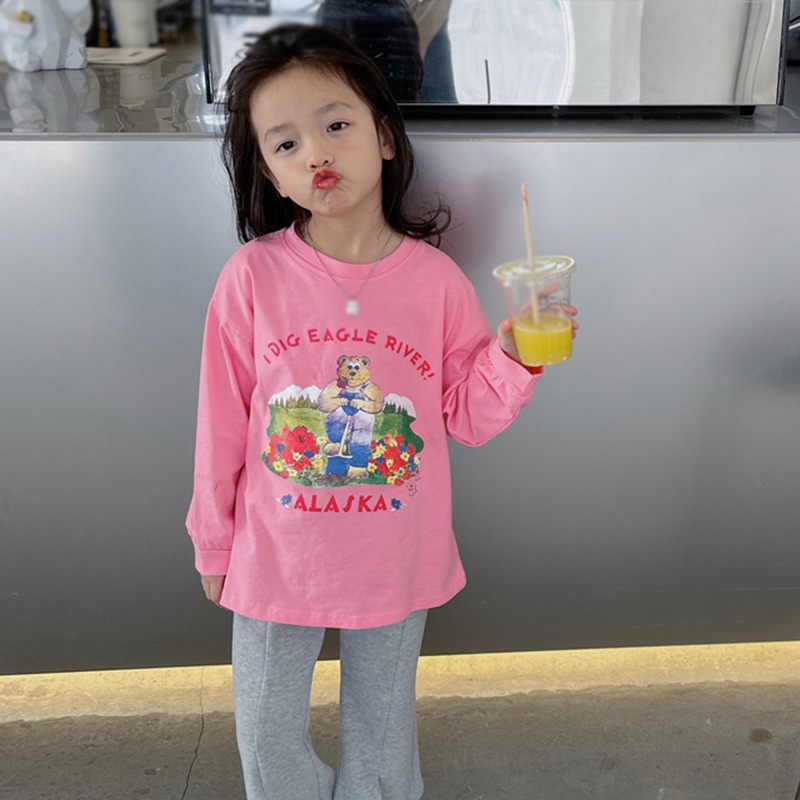 Áo Thun Tay Dài Cổ Tròn In Họa Tiết Hoạt Hình Phong Cách Hàn Quốc Thời Trang Xuân Thu Cho Bé Gái