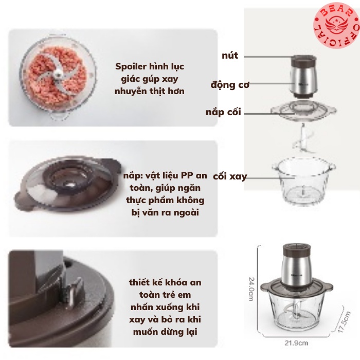 Máy Xay Thịt Mini Đa Năng Bear 2L QSJ D03W5 , Cối Xay Thực Phẩm, tỏi ớt, chả cá gia đình, cao cấp chính hãng_BH 18 tháng