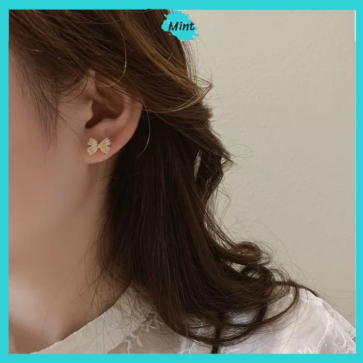 Bông Tai Nữ ❤️KHÔNG GÂY DỊ ỨNG❤️ Khuyên Tai Nơ Thả Đính Đá Chuôi Bạc S925 Phong Cách Hàn Quốc