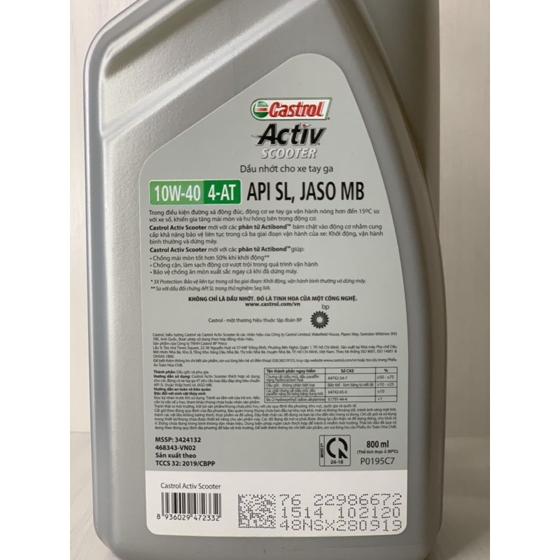 Nhớt Máy XE TAY GA Castrol Scooter ACTIV 4T, 800ml, SAE 10W40, API SL, JASO MB, Bán Tổng hợp