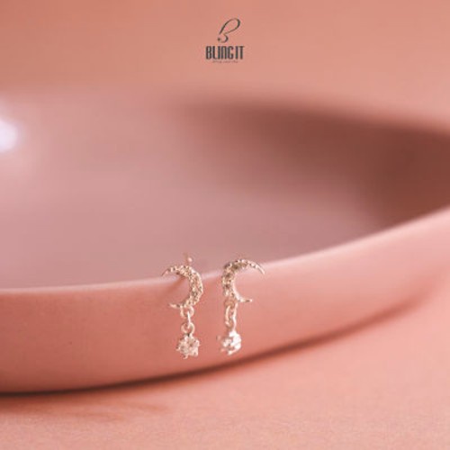 Bông Tai, Hoa Tai Bạc Nữ 925 BLING IT Thiết Kế Hình Mặt Trăng Đính Đá Lấp Lánh - BIBT439