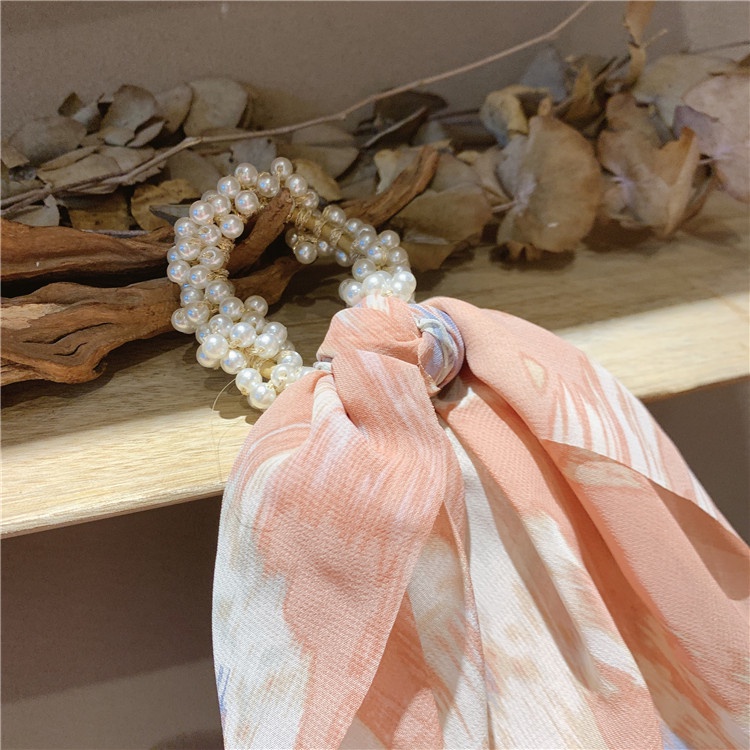 Dây Buộc Tóc Ruy Băng Đính Ngọc Trai Giả In Họa Tiết Mới Cho Nữ