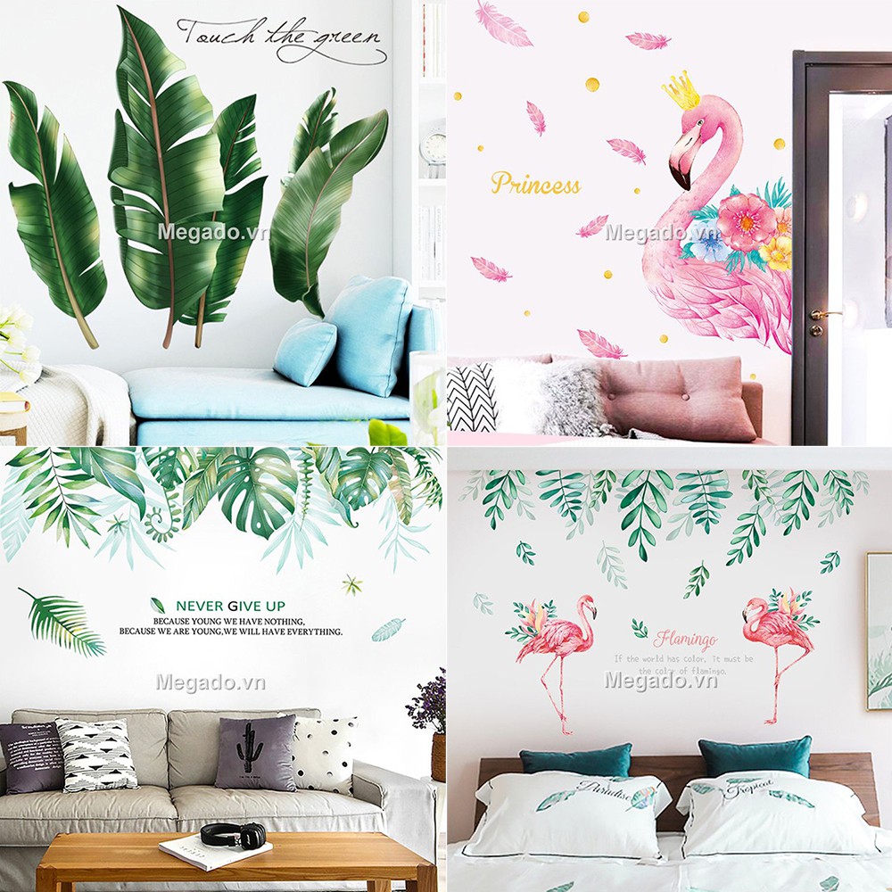 Decal dán tường lá xanh, cây xanh, hồng hạc, cây chuối dán tường giá rẻ [D17-1023]