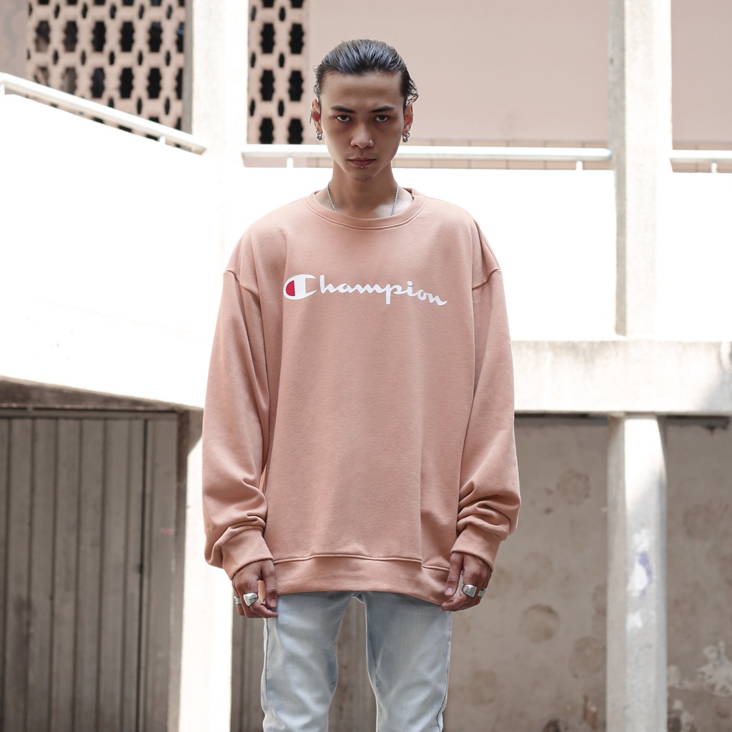 Áo Tay Dài Sweater Champion In Chữ Sắc Nét Chất Liệu NỈ Da Cá Cotton Màu Hồng From Rộng Thoải Mái Unisex Nam-Nữ