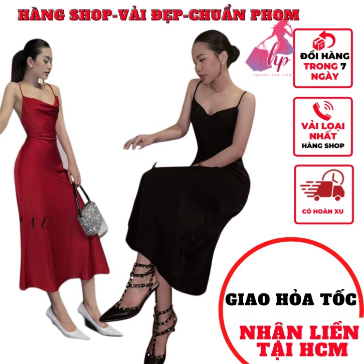 Váy đầm 2 dây nữ cổ đổ dáng xòe phom dài satin hàng thiết kế phong cách hàn quốc-VD209 -HP Teen