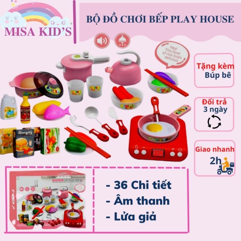 Bộ đồ chơi nhà bếp cho bé kitchen mô phỏng đồ dùng nhà bếp 36 món gồm bếp, nồi và hoa quả cho bé