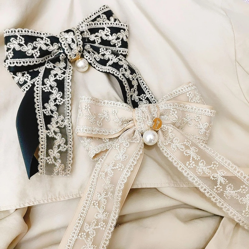 Kẹp tóc đính nơ phối ren và ngọc trai phong cách cổ điển xinh xắn dành cho nữ