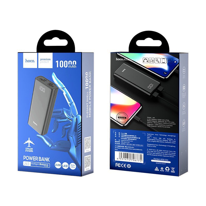 Pin sạc dự phòng mini Hoco J45 Elegant shell 10000mAh 2 cổng sạc - Hàng chính hãng