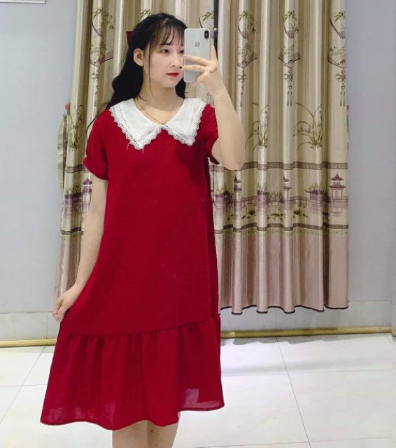 Váy Bầu  CHẤT LỤA HÀN CHÂU  Đầm Bầu Xuông Cổ Ren Thiết Kế Freesize từ 45-70kg