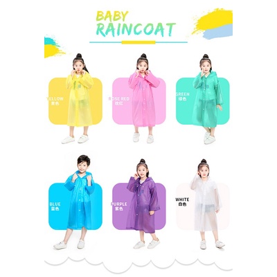 Áo Mưa Trẻ Em, Áo Mưa Trong Suốt Có Mũ Trùm Đầu Phối Nút Và Dây Rút Chống Nước Màu Trơn Cho Bé