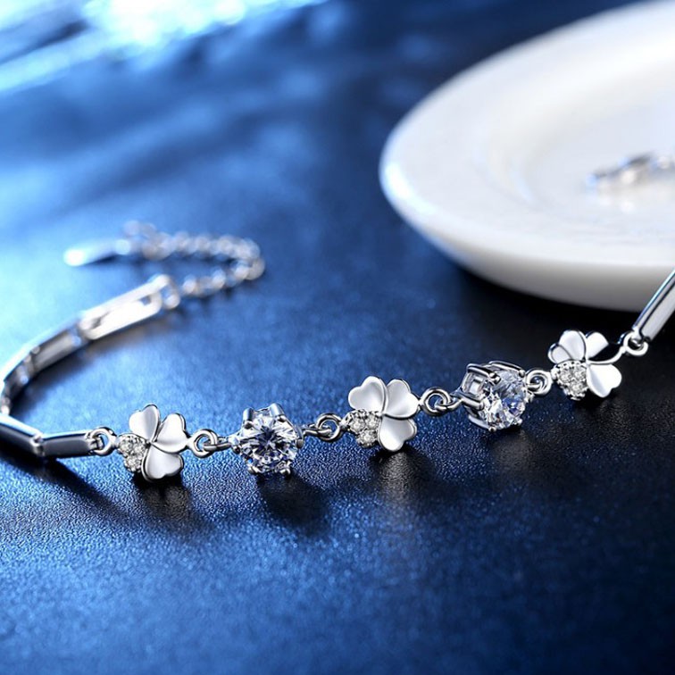 Lắc tay nữ vòng tay cỏ 4 lá may mắn đính đá bạc 925 phong cách hàn quốc dễ thương tặng hộp