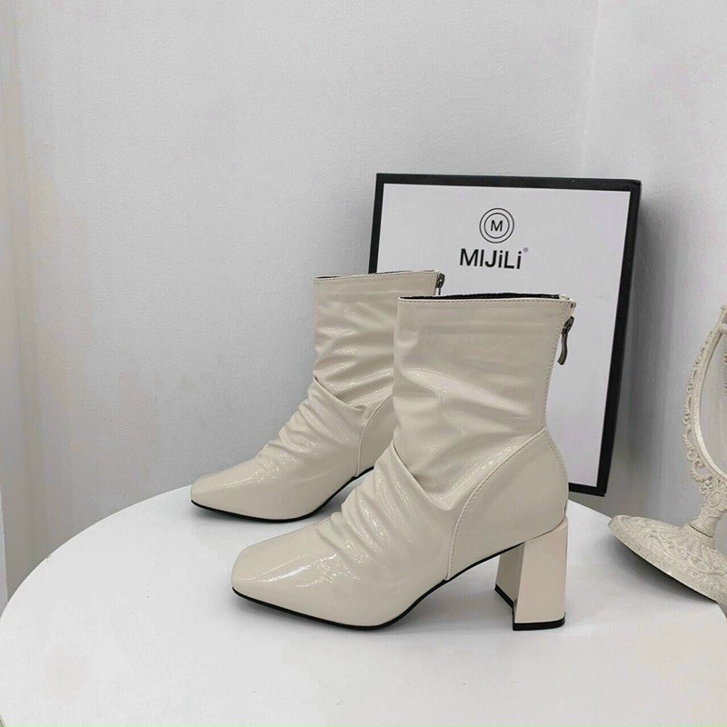 [MÉO SHOE] Boots nữ da bóng phối nhăn gót cao 5 phân sang chảnh