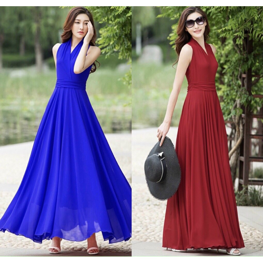 ĐẦM MAXI DÀI CỔ V SANG TRỌNG Chất: chiffon lót thun Màu: xanh coban, đỏ đô Kiểu dáng: đầm xoè dài cổ v, eo xếp li cách đ