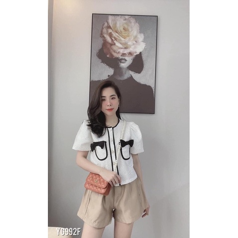 Áo Xốp Nơ Tay Bồng Khuy Ngọc 2 Màu Siêu Xinh