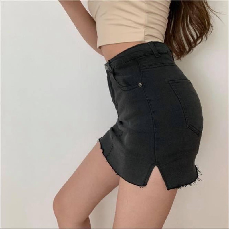 Chân váy ngắn nữ ôm body rách tua rua xẻ tà denim trơn đen/xám - Order taobao quảng châu