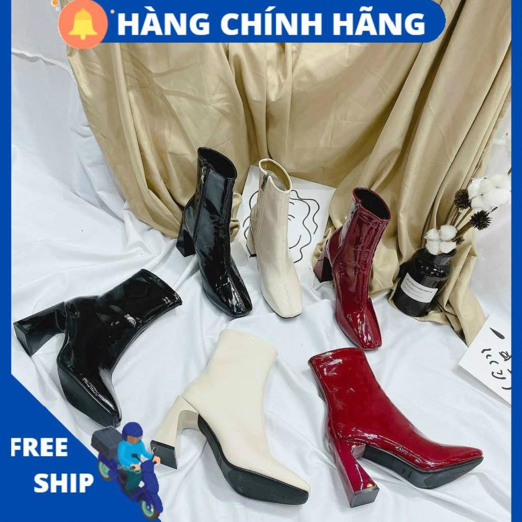 Giày bốt nữ mã 2300 có 3 màu đen trắng đỏ cổ cao da bóng khóa kéo cạnh boot nữ gót cao 7 cm boots ul